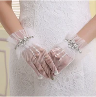 glamour bride dress gloves tulle short paragraph mittens wedding accessories crystals lady women glove with fingers