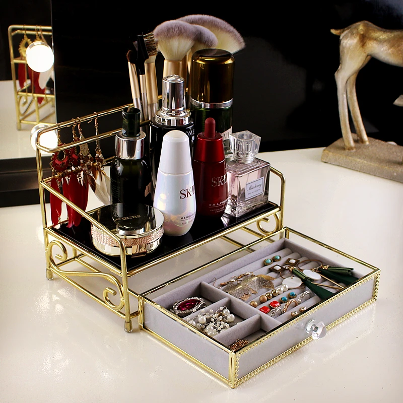 European glass cosmetics storage box desktop drawer skin care finishing dormitory lipstick perfume holder stand makeup organizer