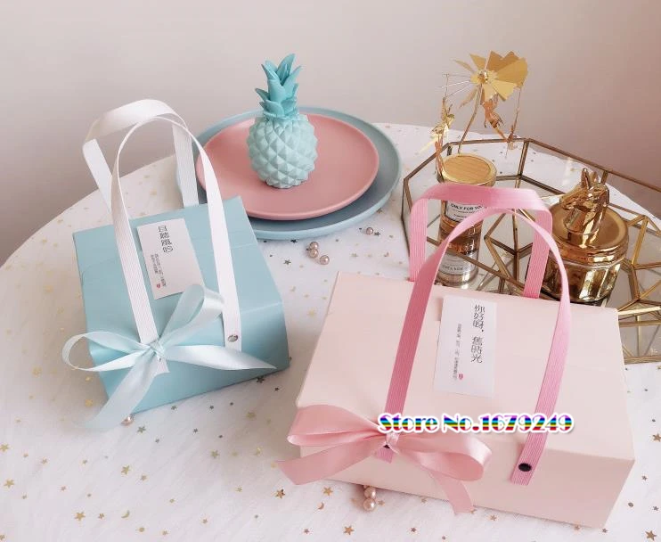 Синяя бумажная коробка с ручкой кекс юэбин конфет подарочные мешочки под конфеты