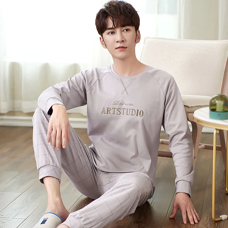

Men Pajamas Set 100% Cotton Pyjamas Long Sleeve Turn-down Collar Homewear M-4XL Mens Sleepwear