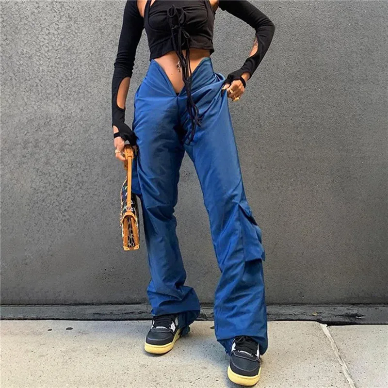 

2021 High Waist Solid Ruched Pockets Flare Cargo Pants Spring Summer Women Fashion Sexy Streetwear Casual Trouser
