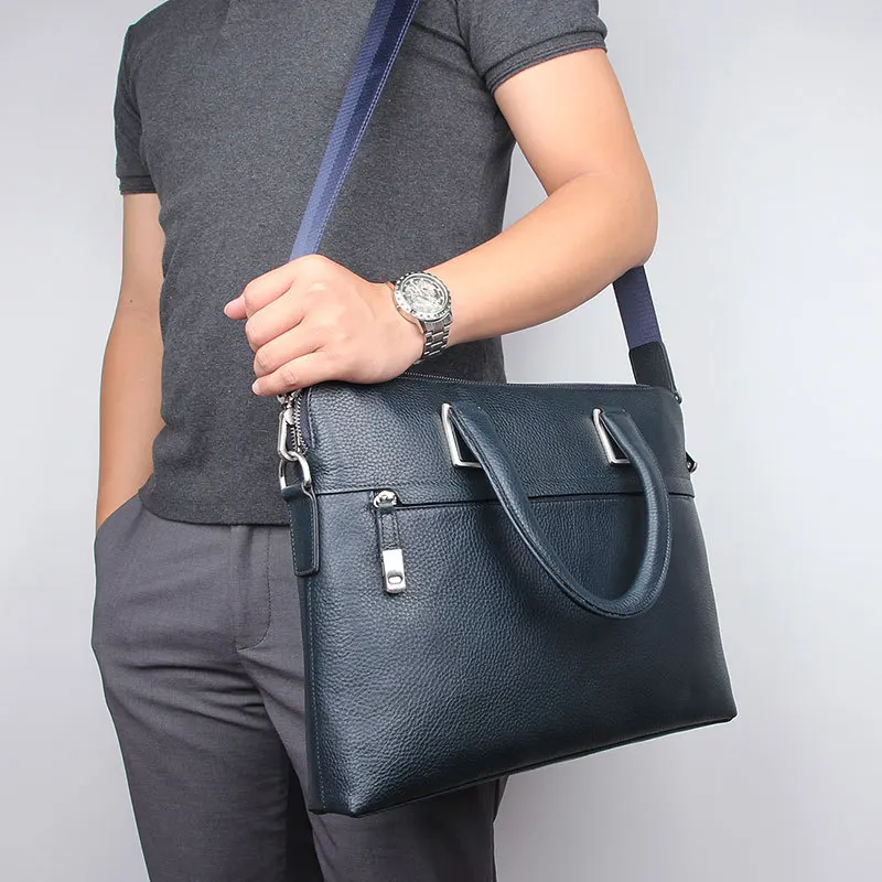 Nesitu Highend Black Chocolate Blue Genuine Leather 14'' Laptop Office Men's Briefcase Business Messenger Bag A4 Portfolio M7412