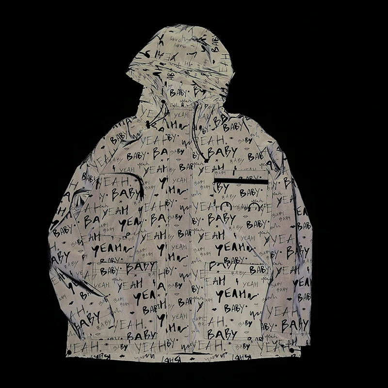 

Men Night reflective Letter printed Hooded Windbreaker Jacket male fashion Streetwear Loose Casual hip hop hoodie baseball Coats