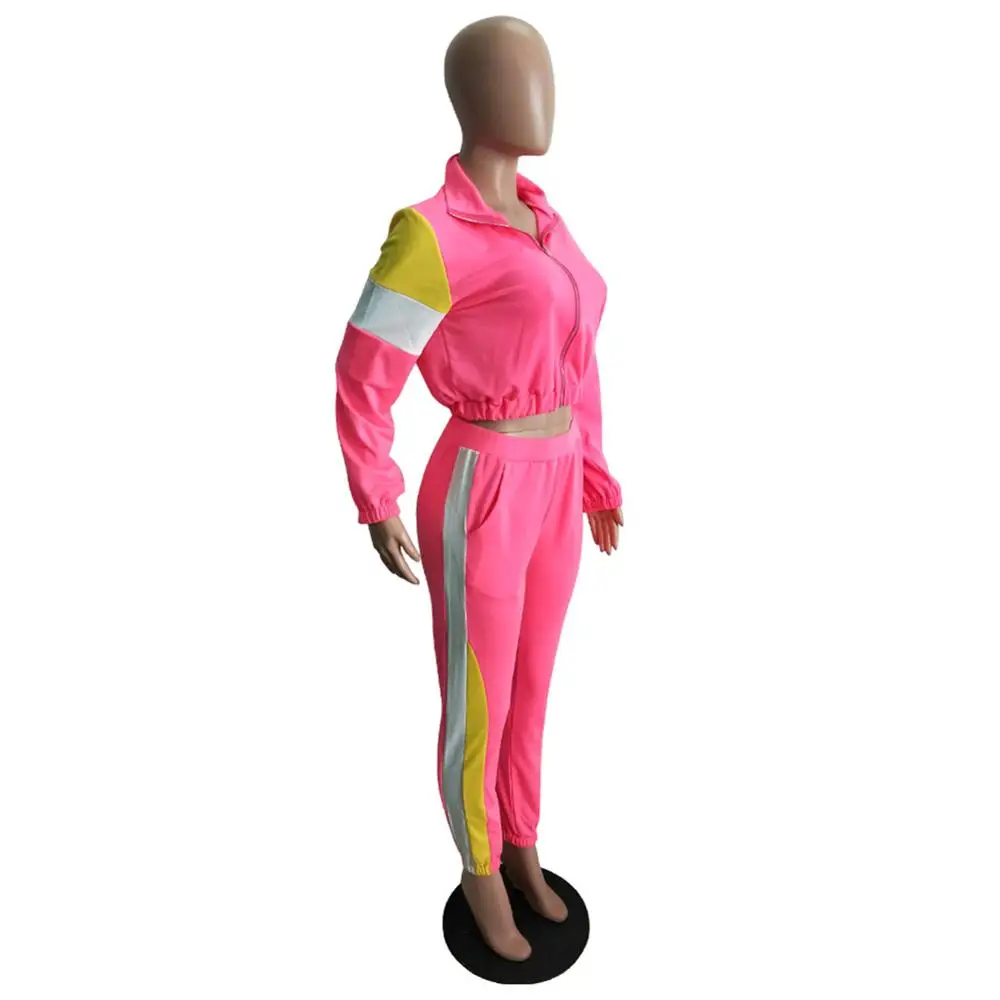 

LEOSOXS 2021 New Women Two Piece Set Zipper Crop Tops And Pants Hip Hop Club Outfit Panelled Tracksuit Women Joggers Suit