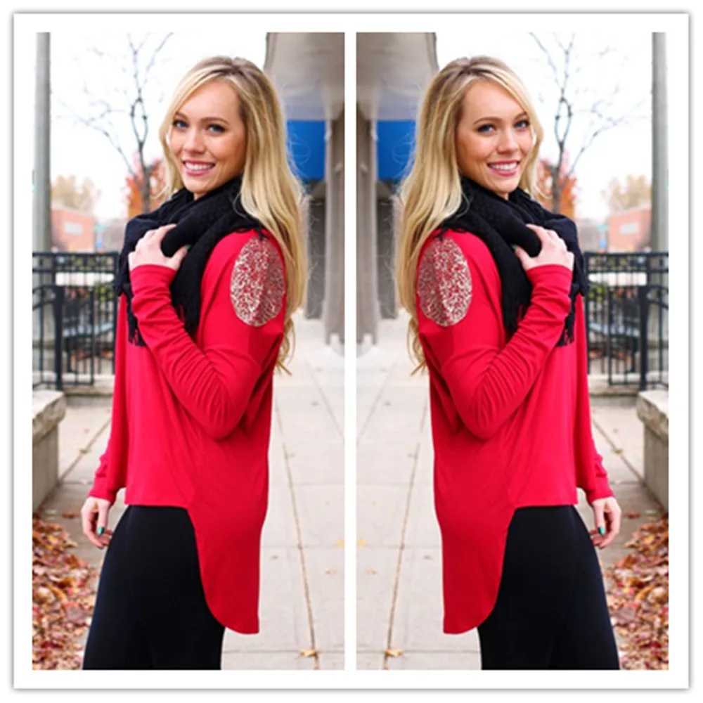 

Hot Selling European and American Women's Front Short Back t Bottoming Shirt Long Sleeve Shoulder Sequined T-shirt