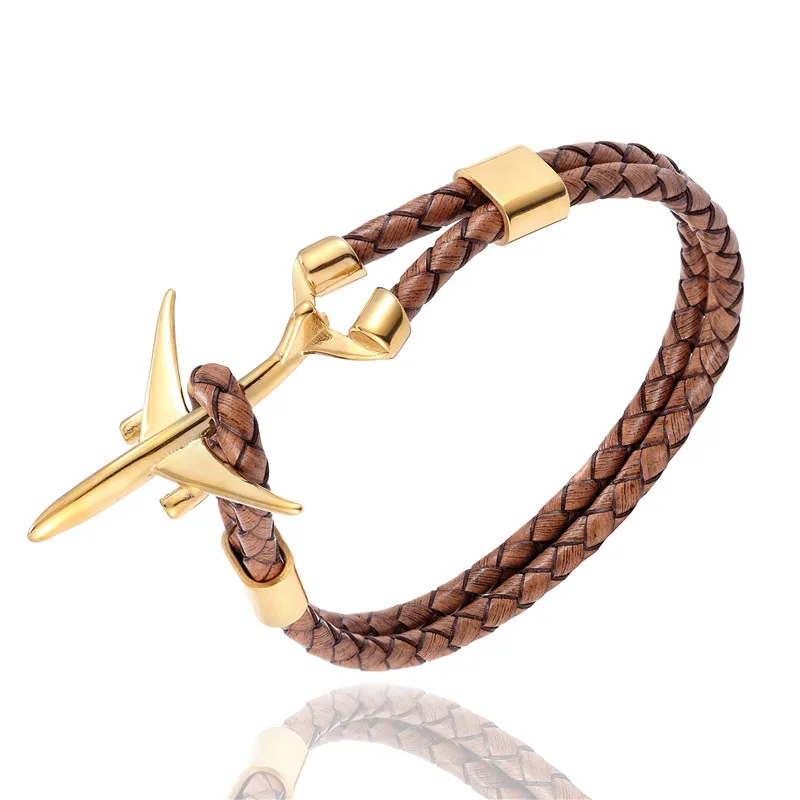 Gold Brown MKENDN Hot Sale Stainless Steel Airplane Anchor Bracelets Men Women Genuine Multilayer Leather Bracelet Freestyle Homme Jewelry - Окраска металла: Gold Brown