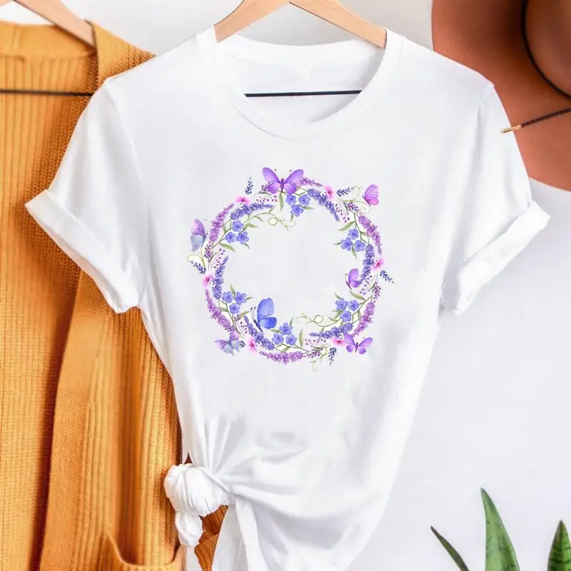 

Женская футболка с коротким рукавом, летняя футболка с принтом растений и бабочек