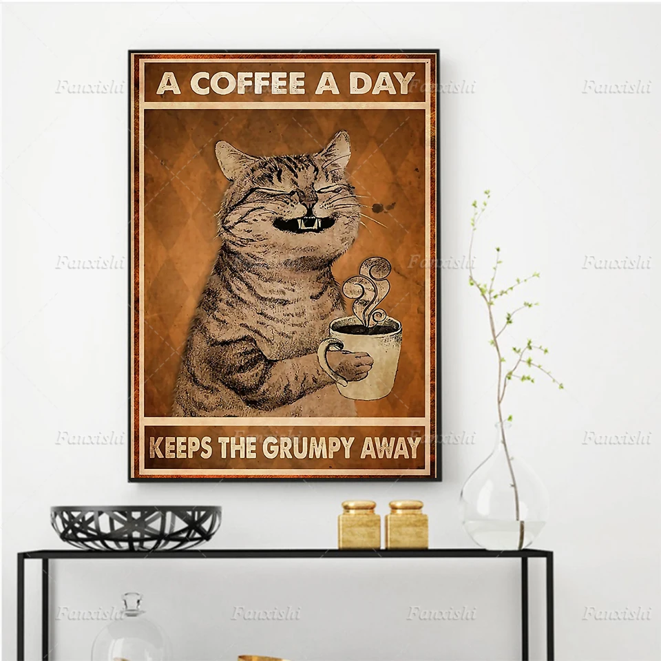 

Coffee A Day Keeps The Grumpy Away And Cat Retro Posters and Prints Wall Art Painting Canvas Modular Pictures Living Room Decor