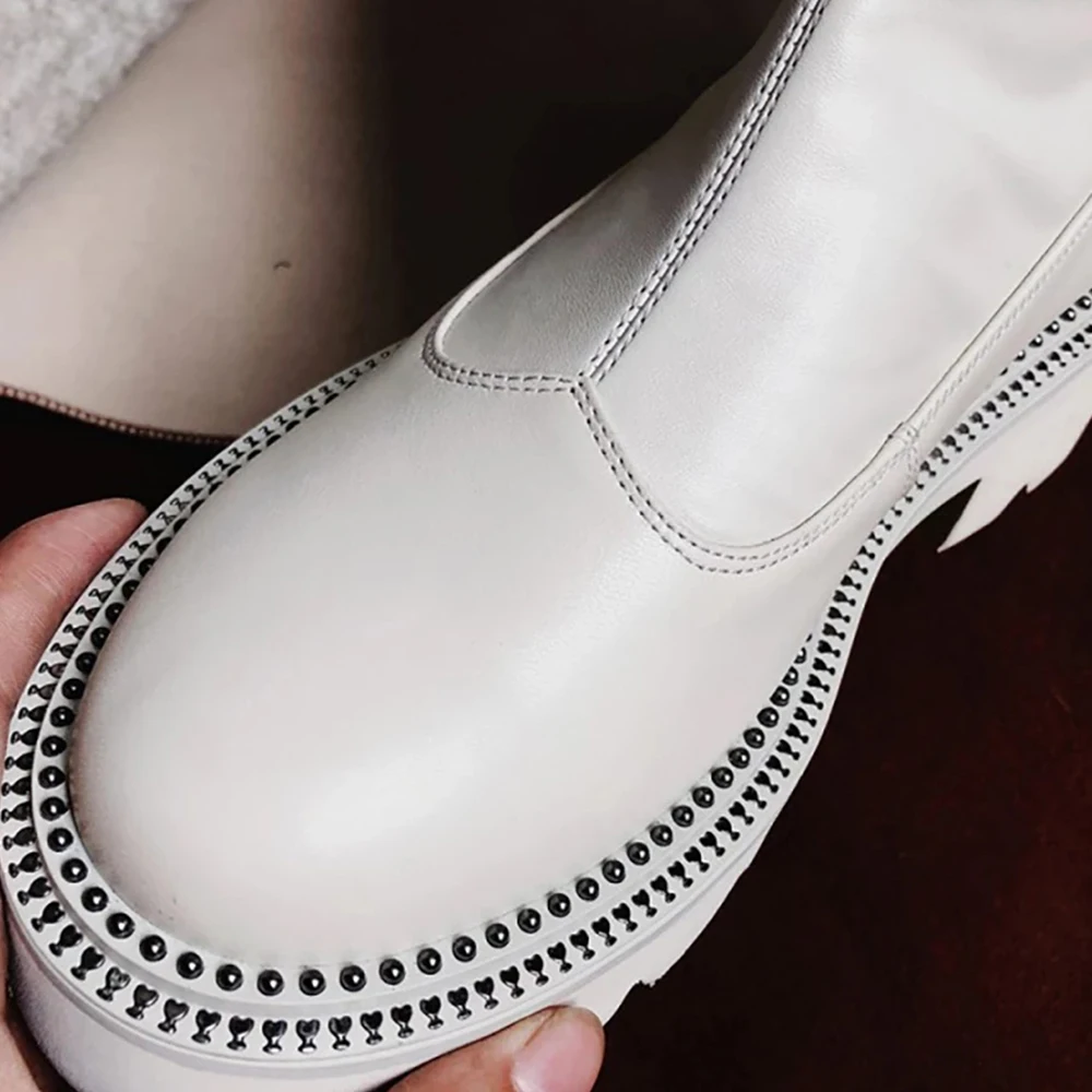 

Kanseet Women Boots New Design 2020 Fashion Platform White Ankle Boot Chunky Heel Genuine Leather Round Toe High Heel Shoes