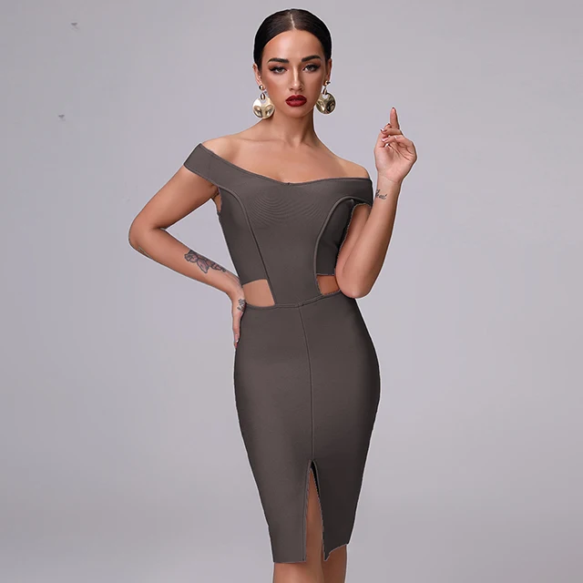 nova moda de alta qualidade cinza roxo сексуальное Бандажное платье без бретелек oco celebridade vestido apertado - Цвет: Серый