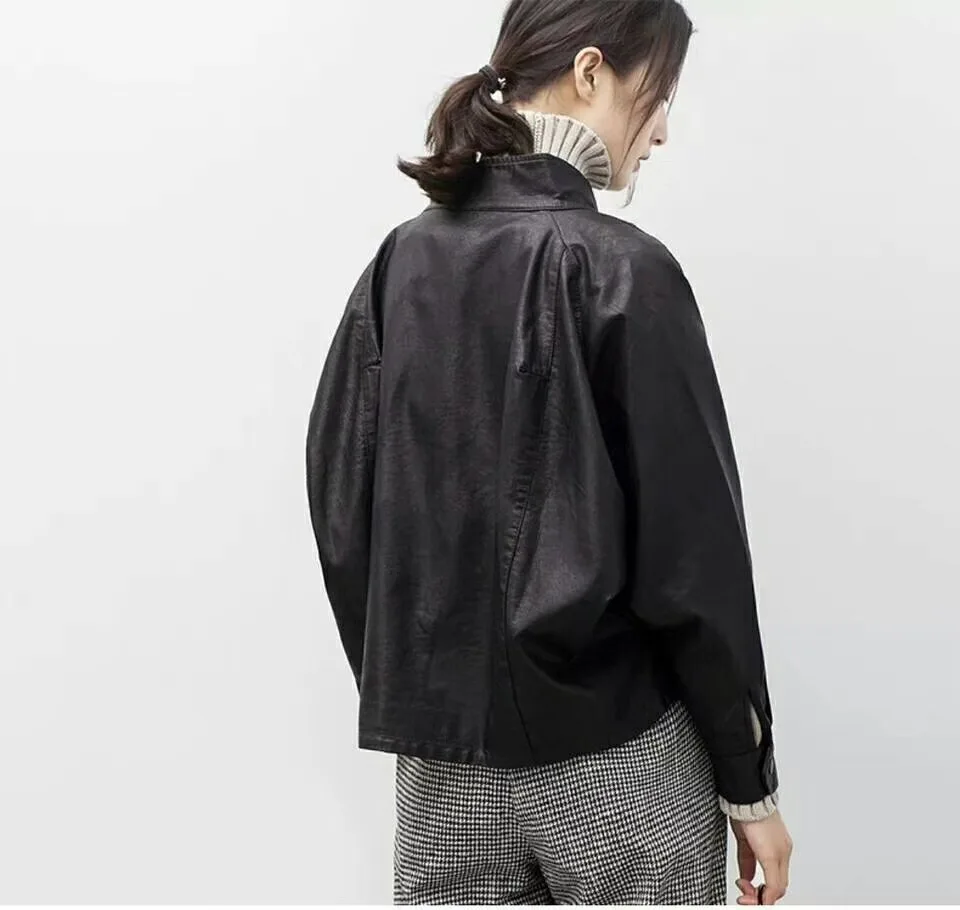 ZWTY Autumn New Asymmetrical Batwing sleeves Loose Women Faux PU Soft leather jacket Oversized Short Black biker coat streetwear