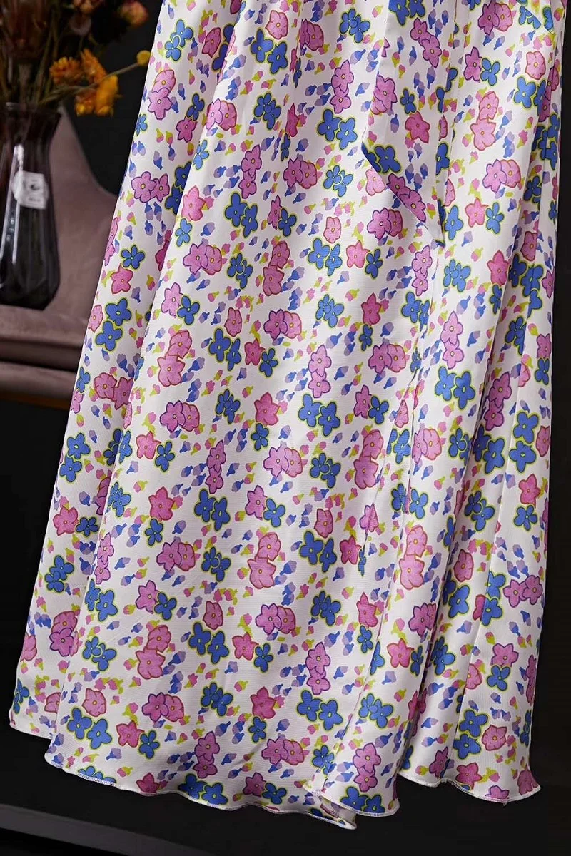 

100%Cotton Long Dress 2020 Summer Women V-Neck Sweet Flower Print Belt Patchwork Short Sleeve Cotton Long Maxi Dress Gorgeous