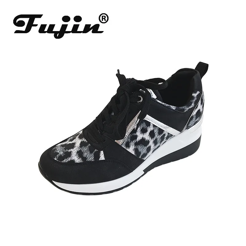 Женские кроссовки с леопардовым принтом Fujin сетчатые дышащие на танкетке круглым