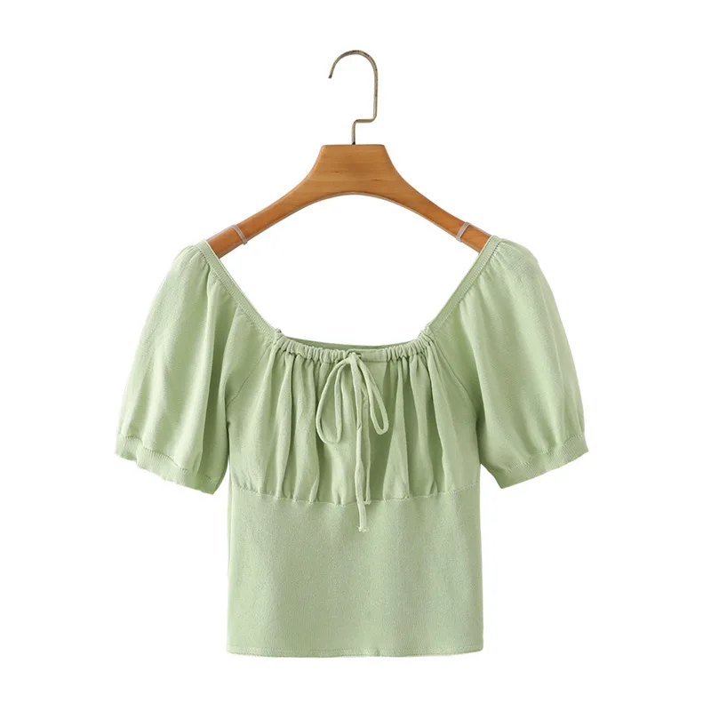 

DOUJILI Summer Women T-Shirt New Style Knitted Pure Color Round Low Neck Short Shirt Green White Blue Purple