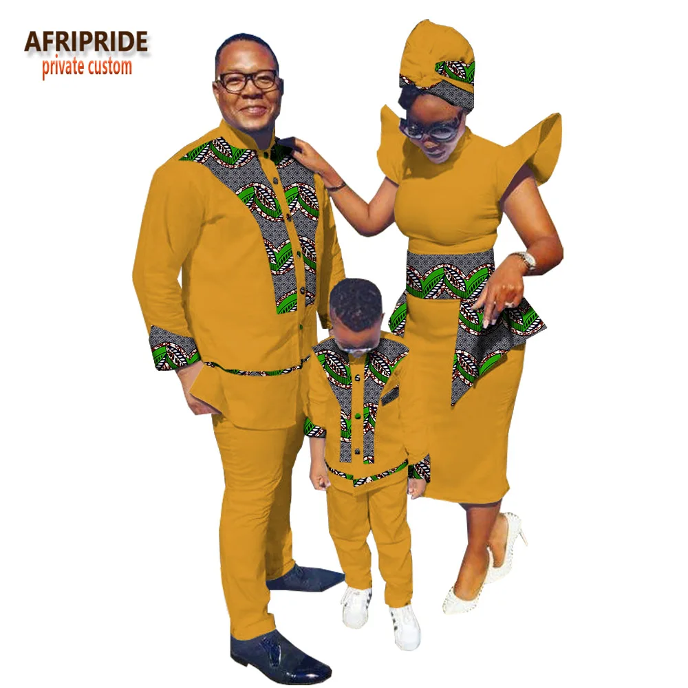 Семейная одежда с принтом в африканском стиле AFRIPRIDE, мужской костюм+ женское платье до середины икры с платьем и шарфом+ костюм для мальчиков Семейный комплект, A18F001 - Цвет: 541J