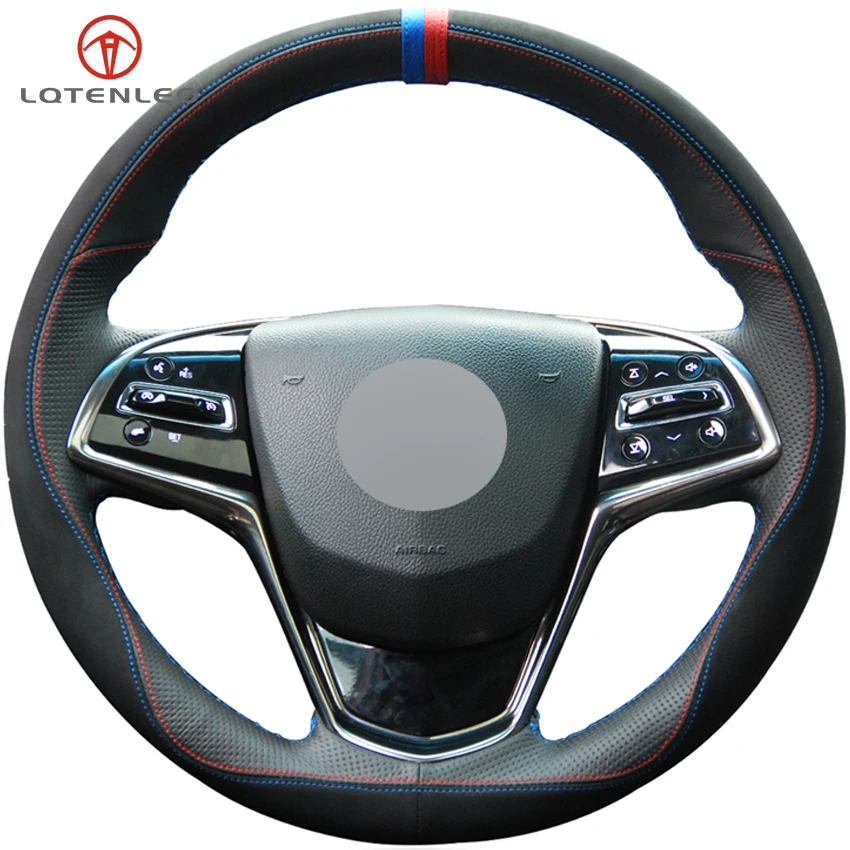 

LQTENLEO Black Suede Black Genuine Leather Car Steering Wheel Cover For Cadillac ATS ATS-L 2013-2019 CTS 2014-2017 ELR 2014-2018