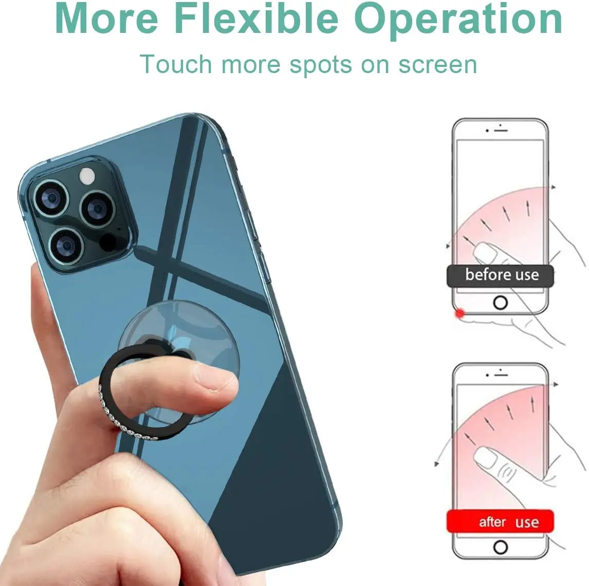 diamond cell phone ring holder stand transparent finger grip clear 360° degree rotation kickstand compatible iphones free global shipping