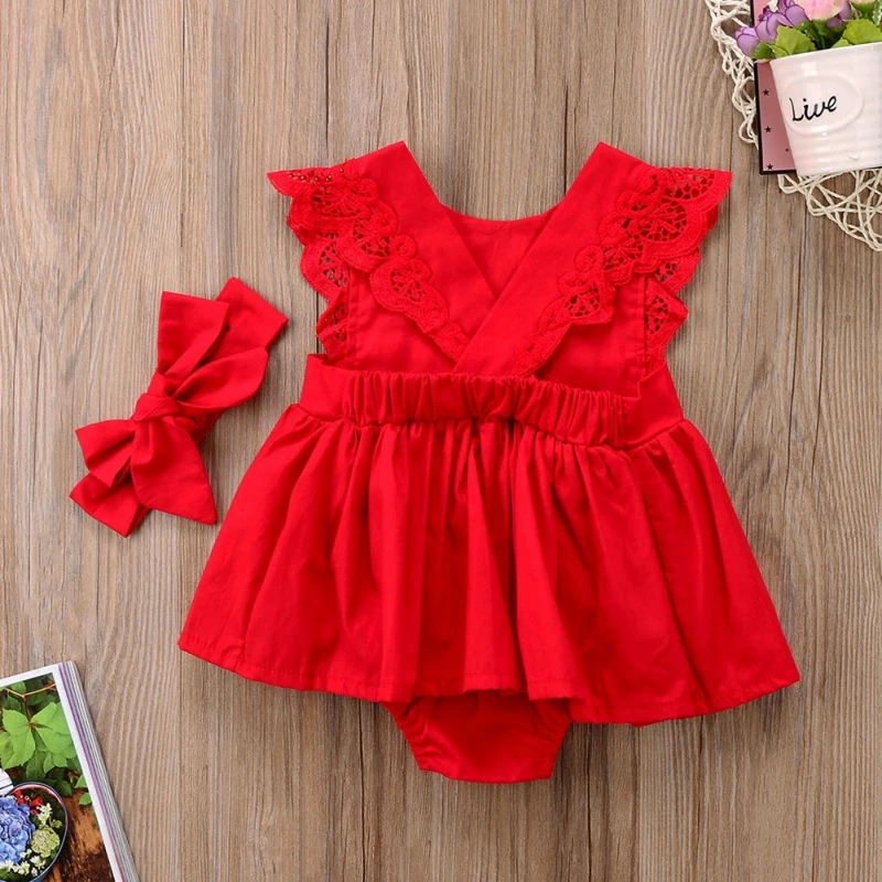 

Bodysuit Dress Sleeveless Baby Girls Cotton Lace Jumpsuit Bow Hair Band Red N