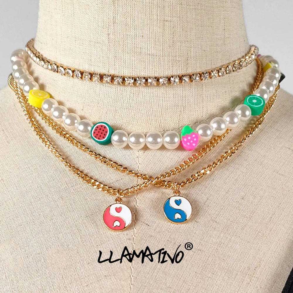 

4 Piece Colorful Fruits Bead Strand Gossip Pendant Necklace For Women Rhinestone Choker Baroque Pearl Necklaces Vacation Jewelry