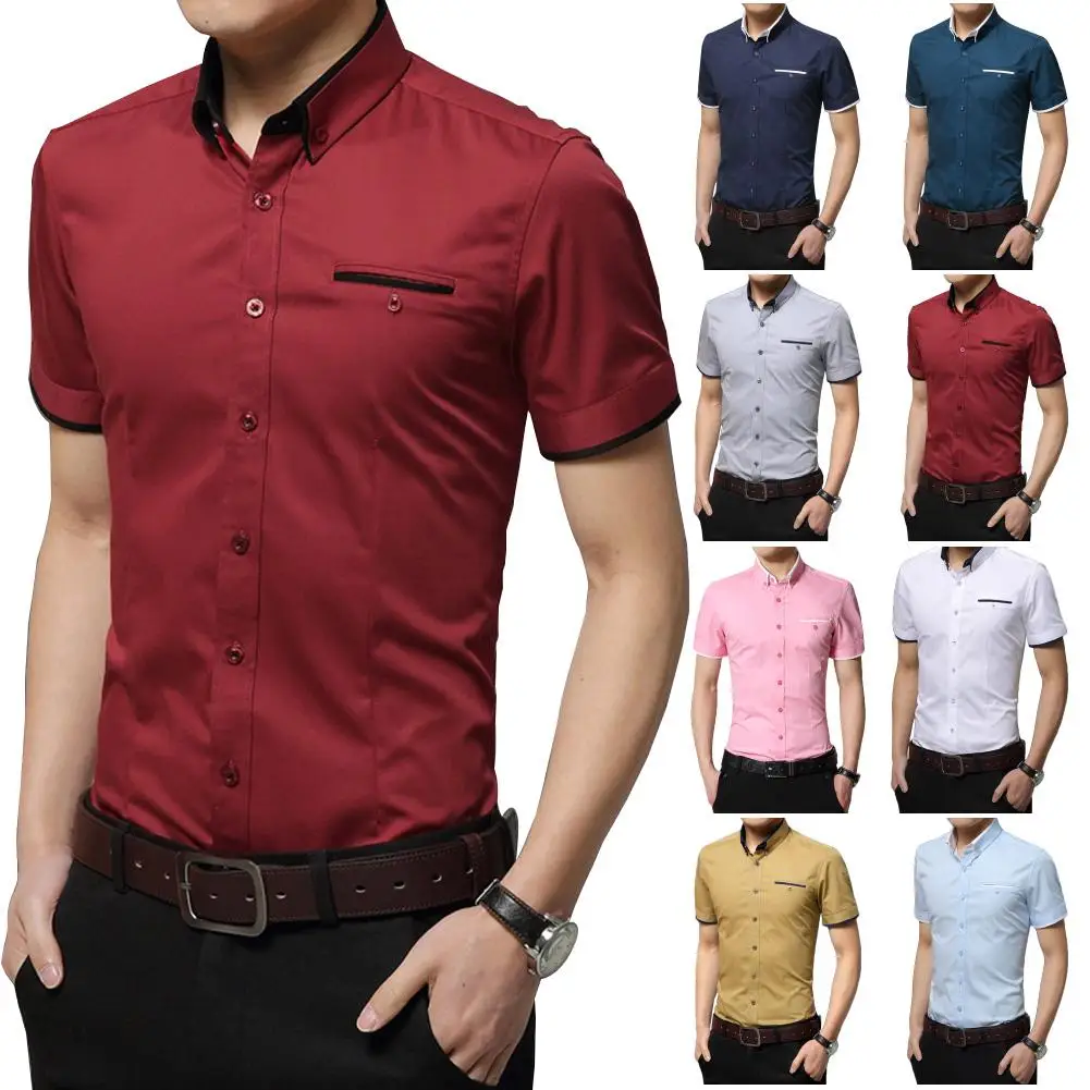 

Shirts Men Solid Color Short Sleeve Turn Down Collar Buttons Cotton Plus Size Shirt