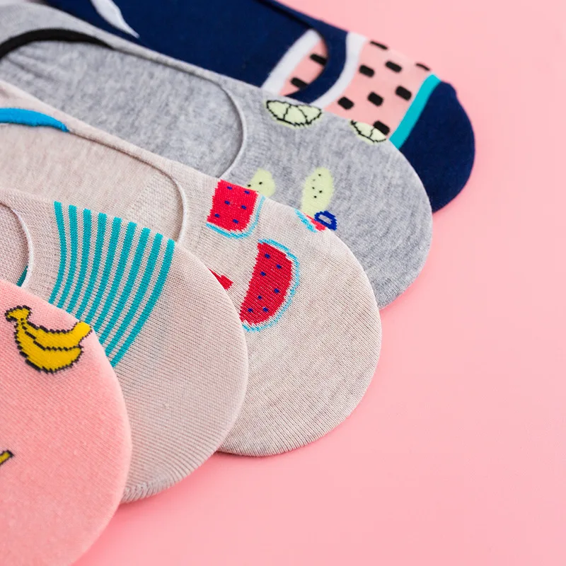 Носки невидимки женские с яркими фруктами удобные хлопковые короткие носки до
