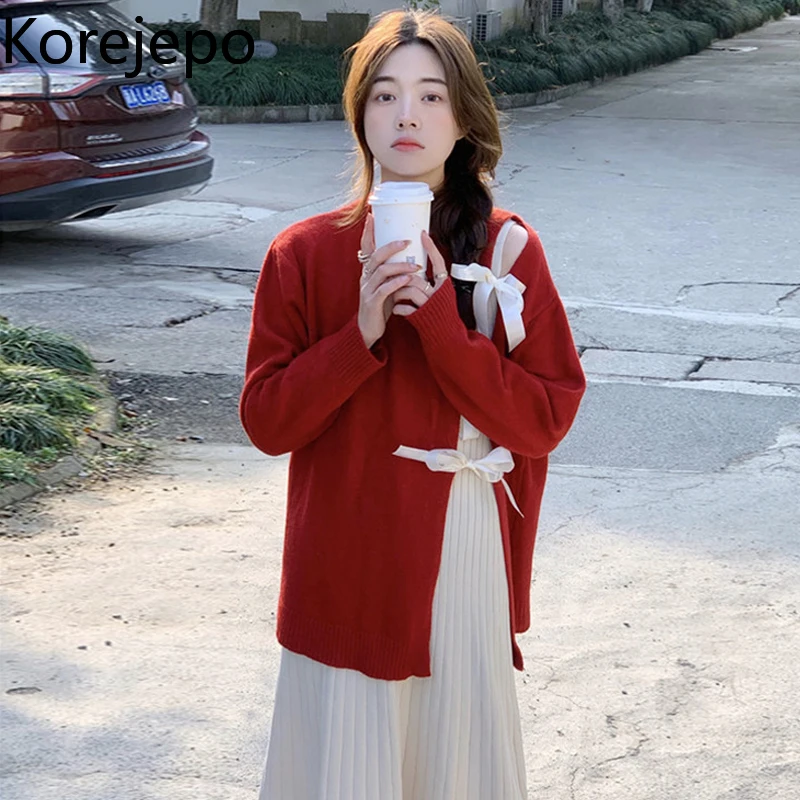 

Korejepo Red Sweater Women Antumn and Winter 2021 New Korean Chic Fashion Sweet Bow Tie Strap Split Lazy Knit Top Age Reducing