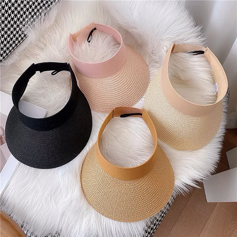 Hot Sale Summer Paper Straw Hats Female Beach Holiday Wide Brim Caps For Women Visera Mujer Sun Visor Hat Adjustable Big Heads