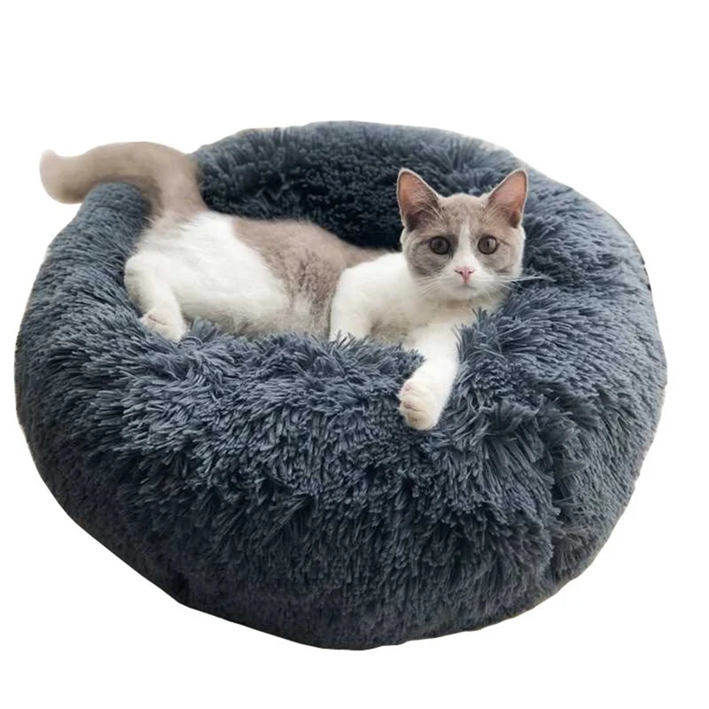 

50cm Fluffy Calming Dog Bed Long Plush Donut Pet Bed Round Orthopedic Lounger Sleeping Bag Kennel Cat Puppy Sofa Bed House