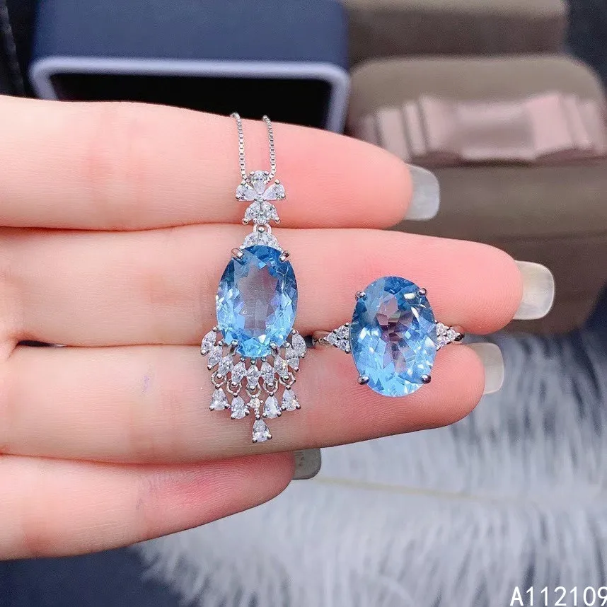 Fine Jewelry 925 Pure Silver Inset With Natural Large Gem Women's Luxury Popular Oval Blue Topaz Pendant Adjustable Ring Set Sup