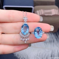 fine jewelry 925 pure silver inset with natural large gem womens luxury popular oval blue topaz pendant adjustable ring set sup