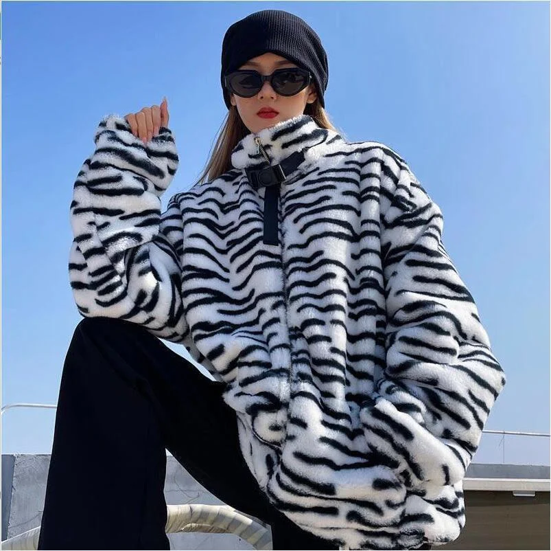 

Women's winter Women Fashion Plush Zipper Pocket Jackets Harajuku Retro Warm Coats 2021 Zebra Striped Parka Outwear Coats