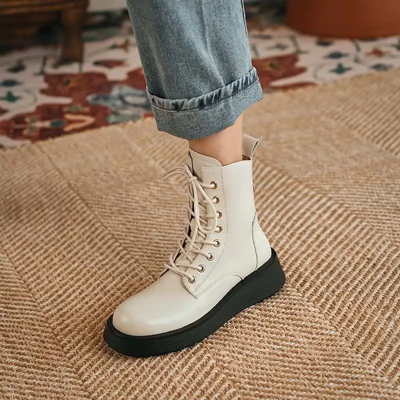 spesifikasi Sepatu Bot Sekolah Inggris Barat Kasual Ujung Kaki Bulat Kulit Sapi Panci Krazing Sepatu Bot Pergelangan Kaki Bagian Bawah Tebal Tetap Terikat Silang Renda