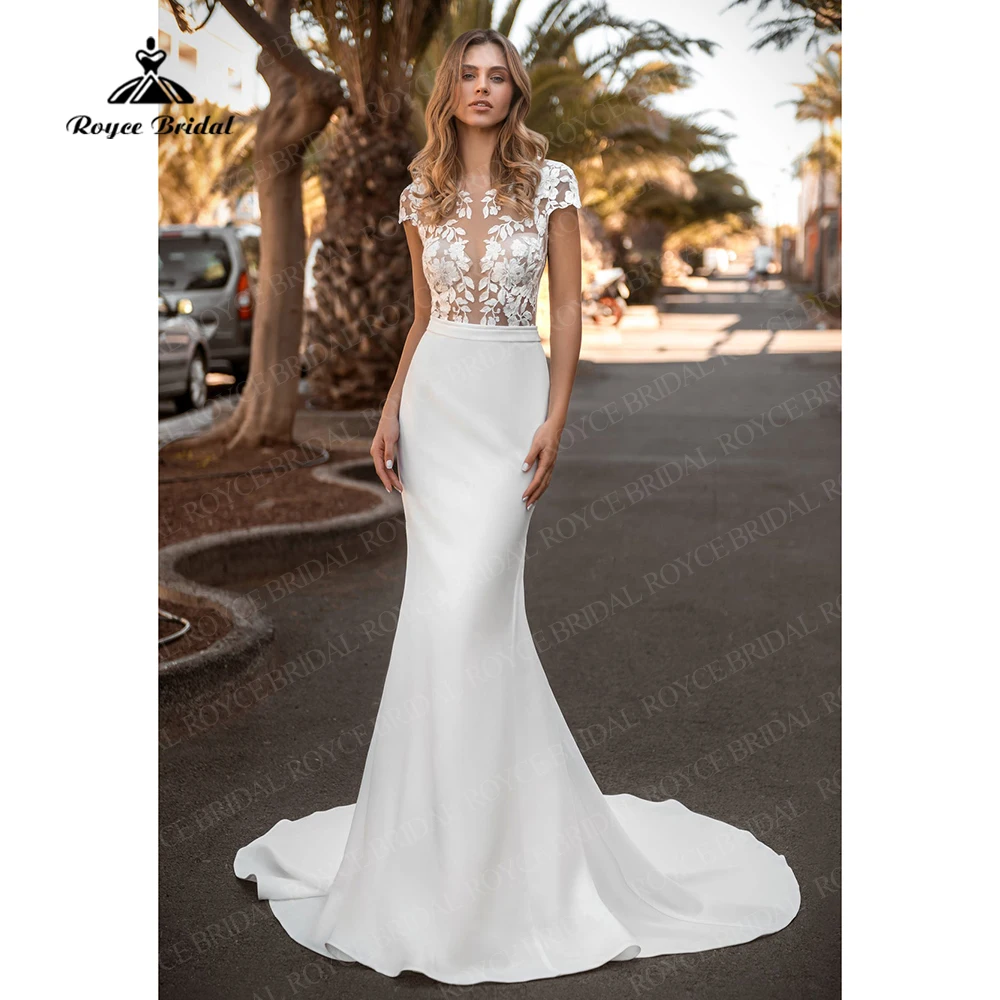 

Boho Mermaid Wedding Dresses Appliques Short Cap Sleeves Stretch Satin Lace White Bridal Gown For Women Button Back Sweep Train