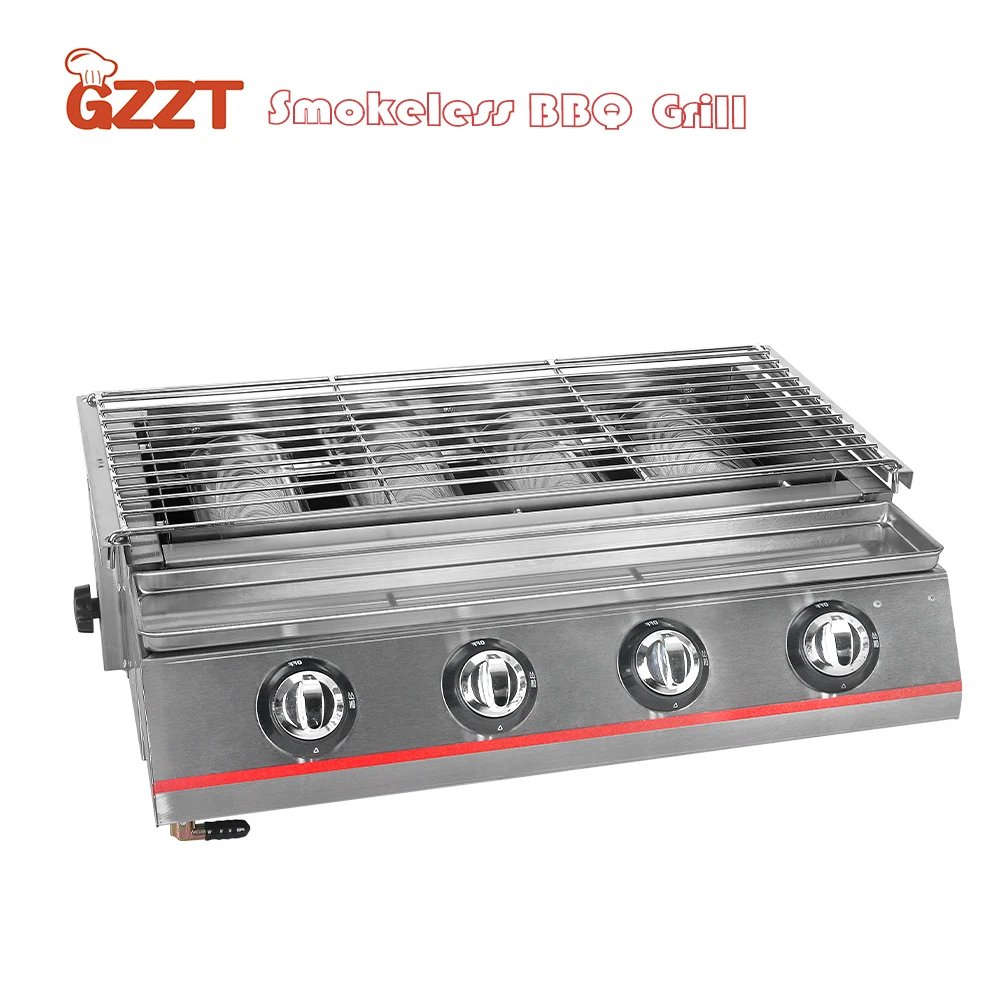 

GZZT 4 Burners Gas BBQ Grill Stainless Steel Smokeless Stove W/ Burner Protecting Covers Use LPG Roast Barbecue Outdoors Camping