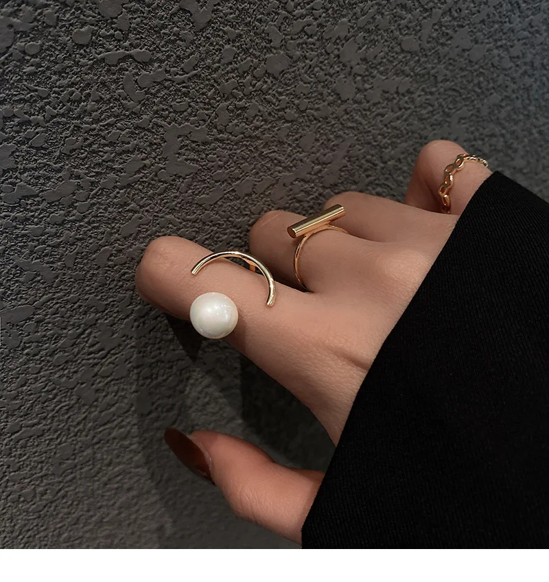 

2020 Pearl Jewelery Three Piece Ring For Women Kpop Personality Exquisite Fashion Simple Index Finger Trend Ring