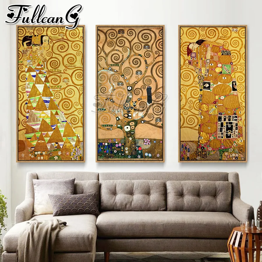 

FULLCANG Gustav Klimt abstract landscape large triptych diy 5d diamond painting mosaic embroidery full square round drill FC2777