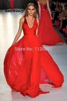 quickly delivery sexy deep v neck pleat floor length long red chiffon celebrity dresses custom made high quality