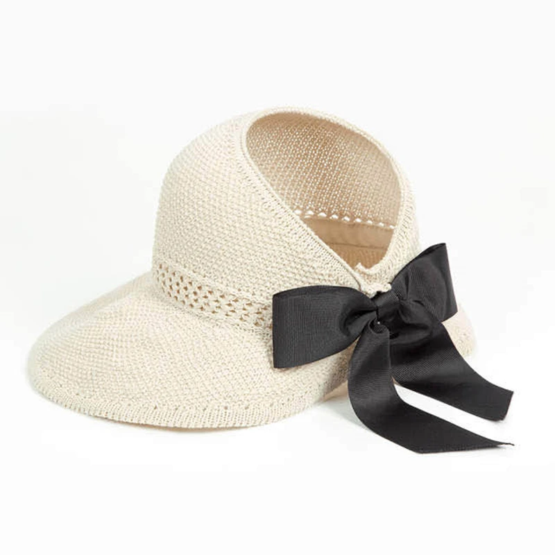 

New Summer Bow Sun Hats Empty Top Hat Women Protction Caps Cutout Beach Hat Women Sun Cap Ribbon Knit Raffia Hat Sun Hat