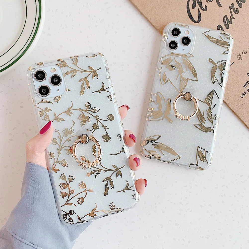 Позолоченный чехол для телефона с кленовым кольцом и подставкой iPhone 11 Pro Max XR XS 7 8