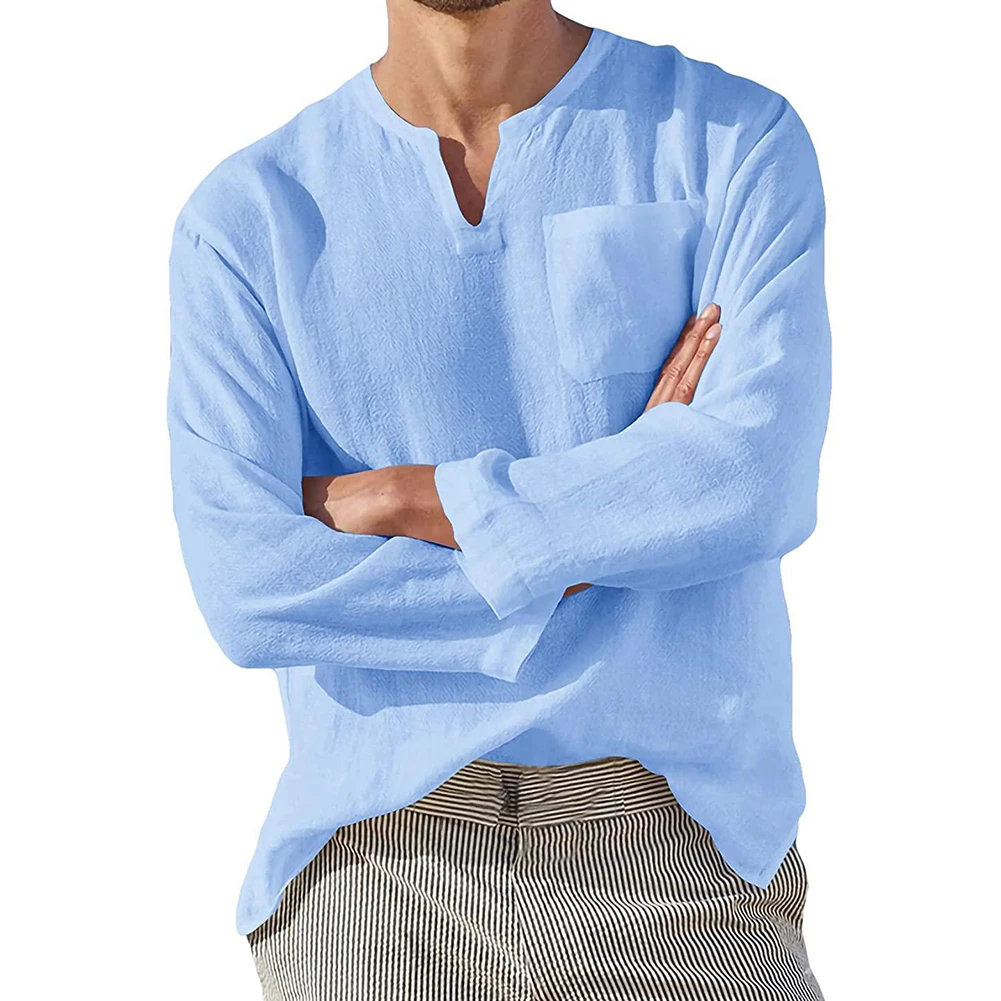 

2021 New Fashion Men Linen T-Shirt Loose Long Sleeve Tees Summer V-Neck Casual Solid Henley Shirt Male Breathable Loose Shirts
