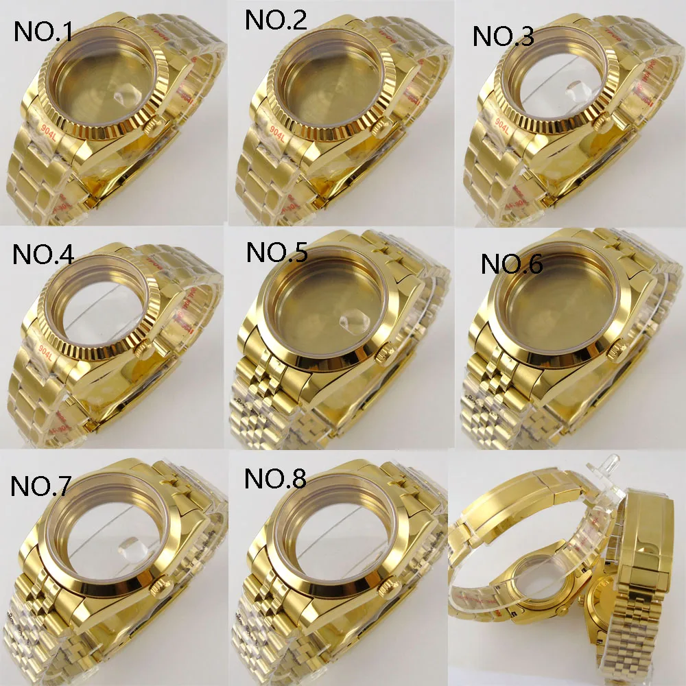 36mm/39mm Yellow Gold Plated Sapphire Glass Watch Case Fit NH35 NH36 MIYOTA 8215 821A 8205 ETA 2836 2824 PT5000 Movement