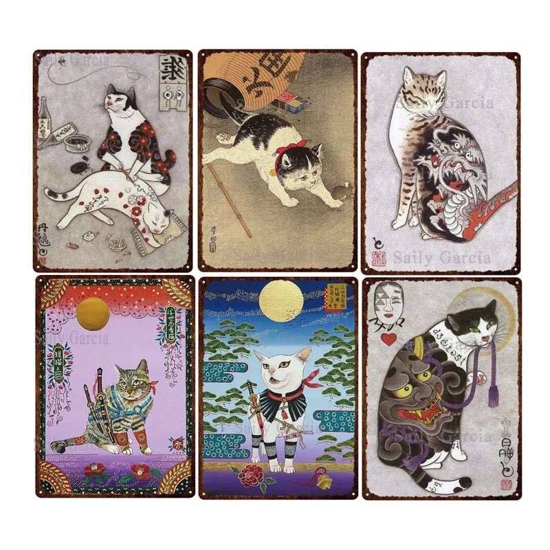 

Cute Cat Metal Tin Sign Poster Japanese Style Kimono Cat Ninja Cat for Home Coffee Shop Japanese Restaurant Decor Plaque