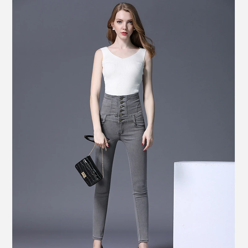Весна 2020 большой размер Белый ЛД высокая талия тонкие дымчатые серые джинсы