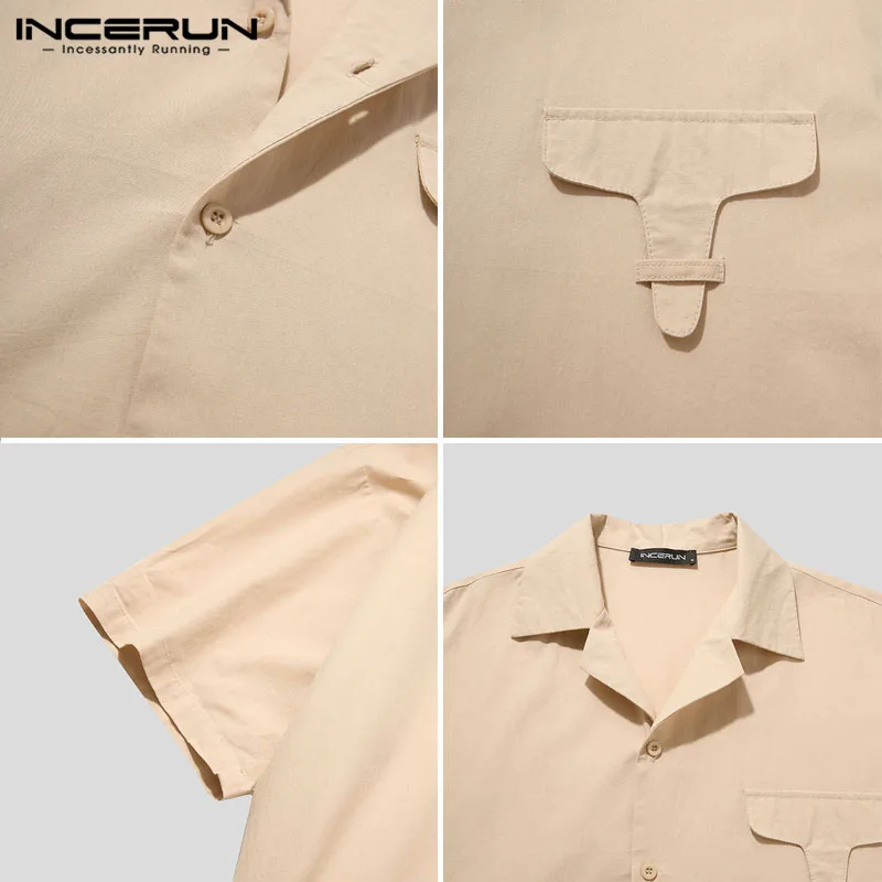 

INCERUN 2021 Men Shirt Cotton Lapel Short Sleeve Solid Color Vintage Summer Casual Tops Blouse Streetwear Korean Camisas S-5XL 7