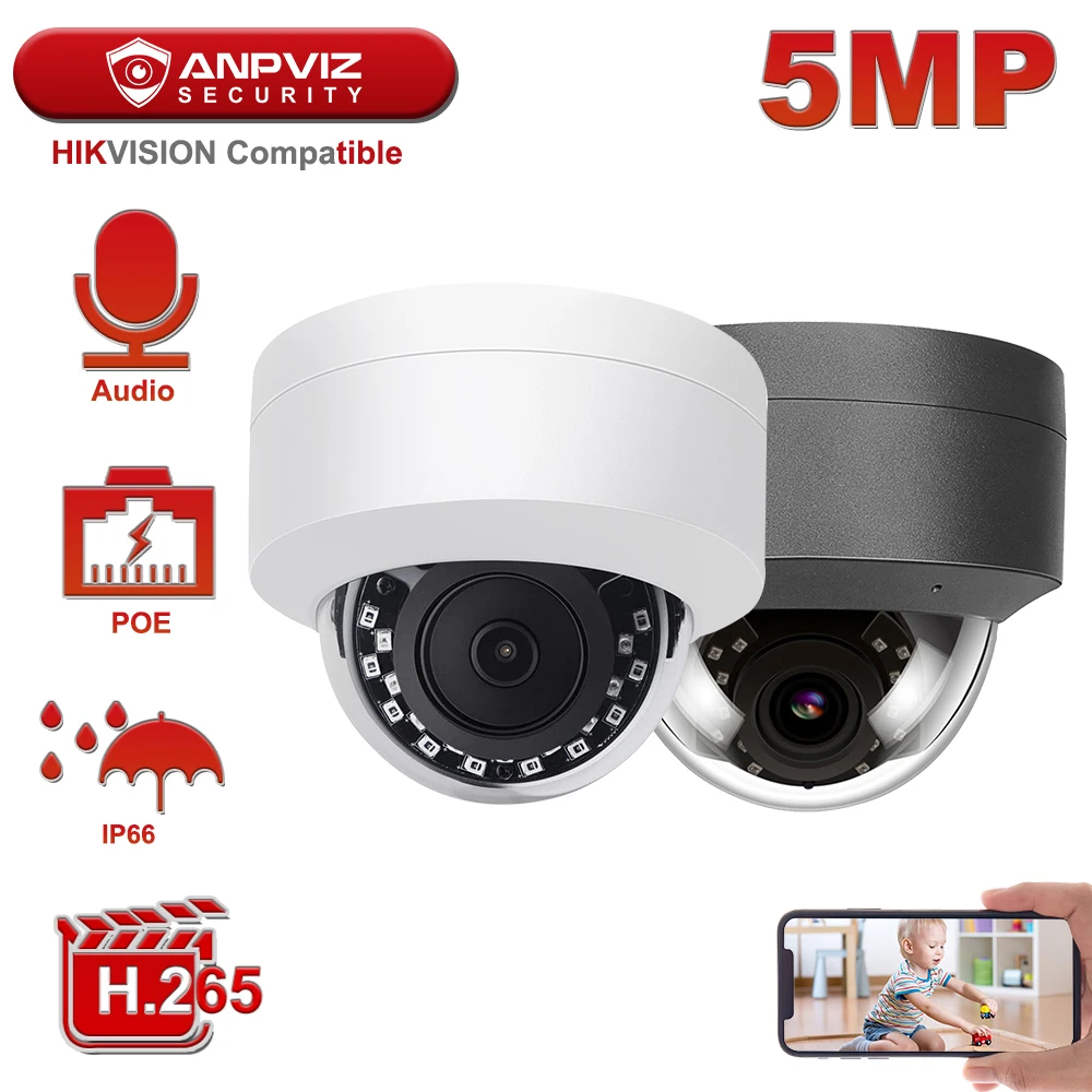 

Anpviz 5MP POE Security IP Camera Outdoor Hikvision Compatible H.265 Microphone One-way Audio Onvif IP Camera IP66 IR 30m