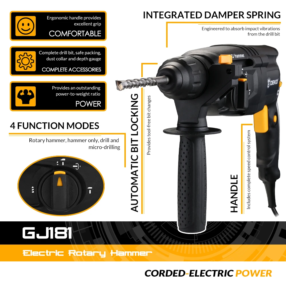 Электрическая роторная дрель DEKO мощная 220 В 26 мм 4 функции | Инструменты