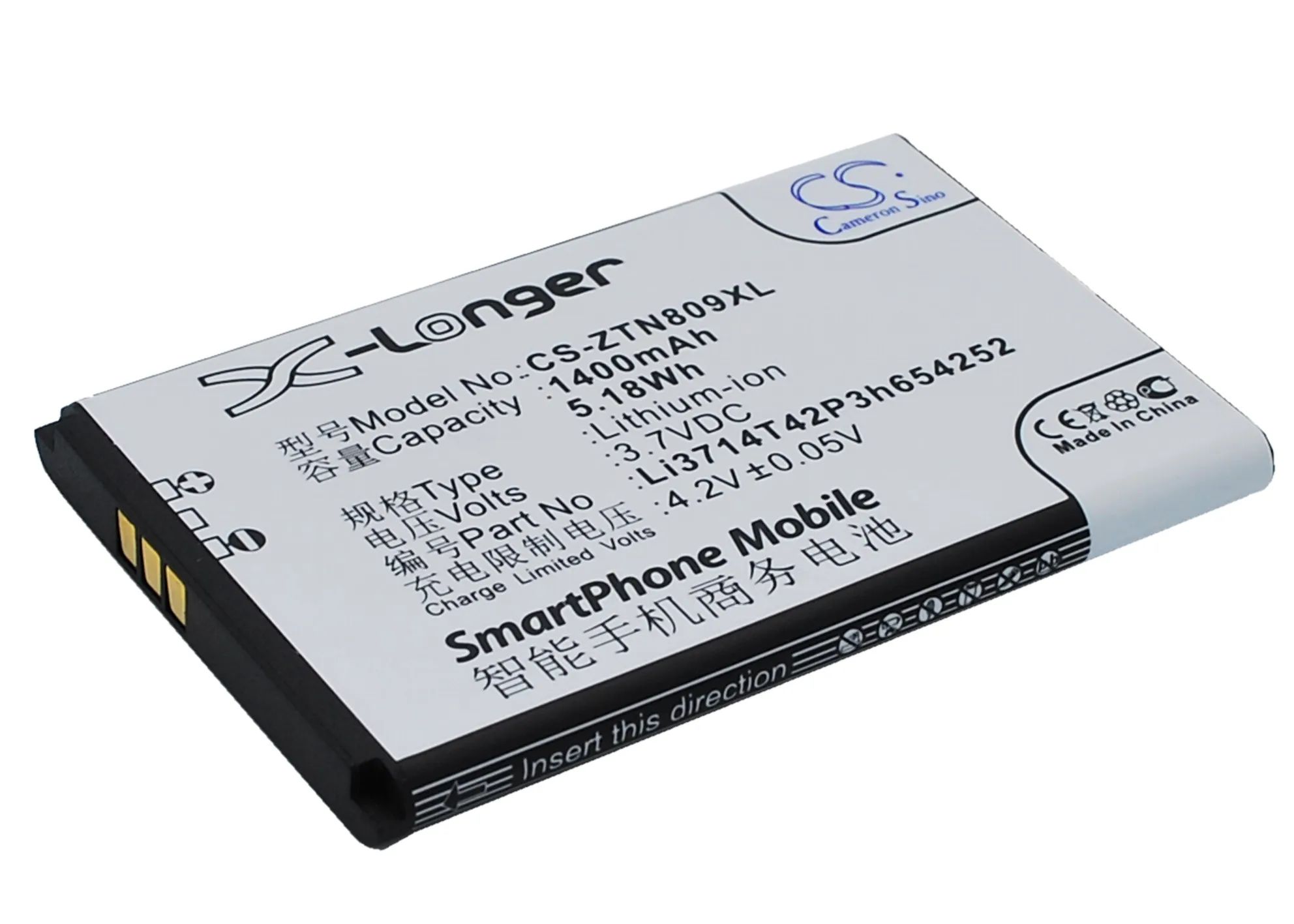 

CS 1400mAh / 5.18Wh battery for ZTE U809, V809 Li3714T42P3h654252