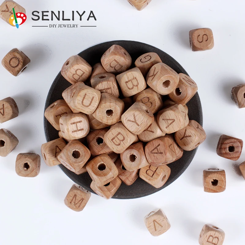 

Baby Teether Pacifier Clip DIY 100Pcs/Lot 10mm 12mm Square Beads Alphabet Letter Beech Wooden A-Z Letters Wood Spacer Beads