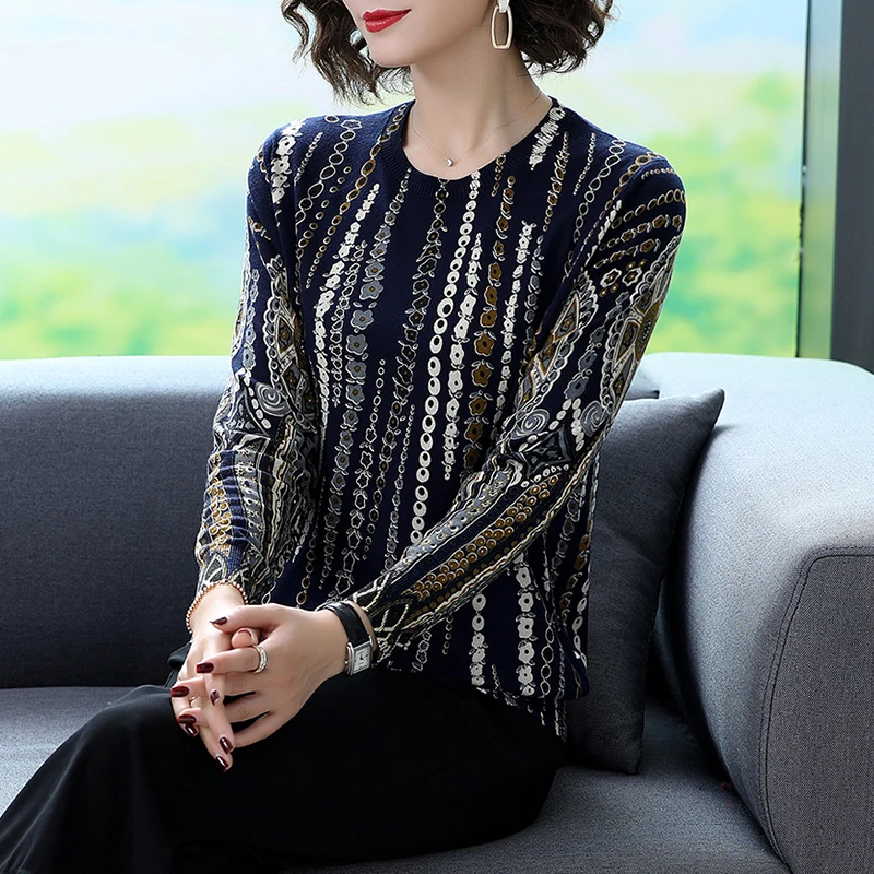 

WenQing Knitted Sweater Women Autumn Winter O-neck Long Sleeve Loose Pullover Jumper Tops Floral pattern Printed Sweaters Women