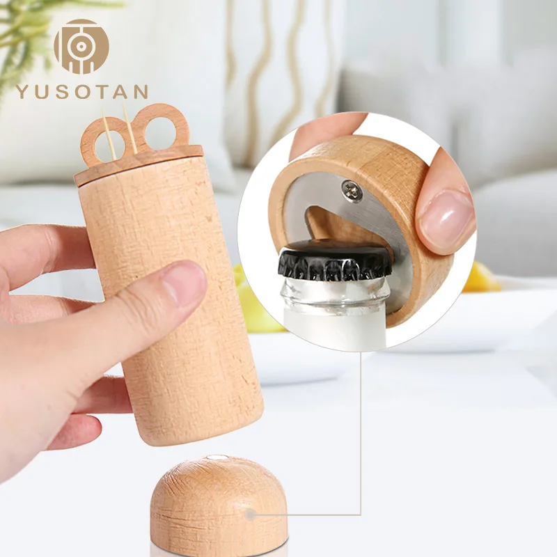 

YUSOTAN wooden toothpick holder with bottle opener cute frog design 13.5*5CM large capacity natural solid wood toothpick stand